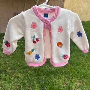 Old Navy White Cardigan with Pink Trim and Fruit Embroidery